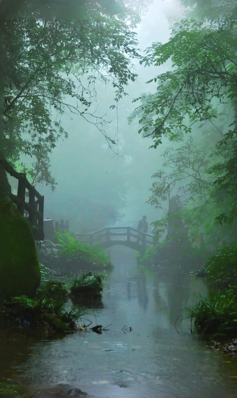 青城山晨雾绕山石板路景观