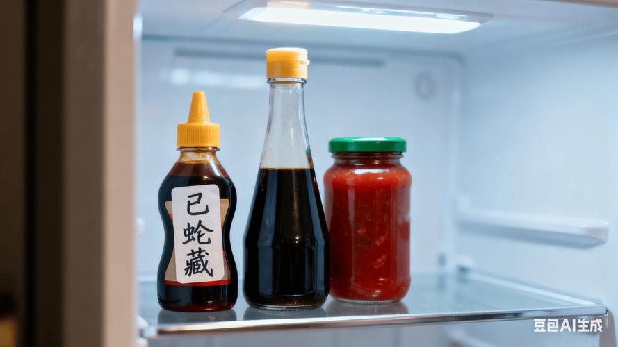 冰箱门架上摆放的开封后蚝油瓶和生抽瓶