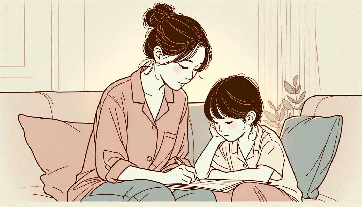 家长坐在孩子床边反思家庭教育场景示意图