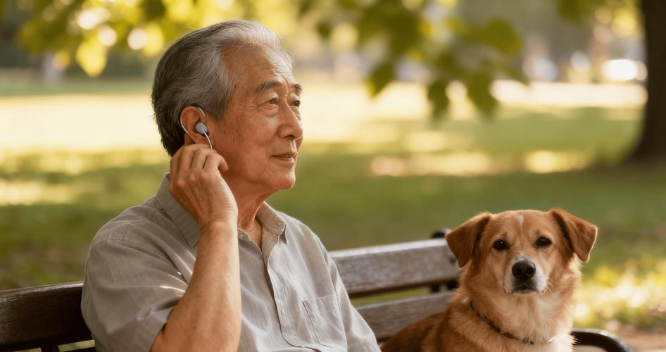 助听器佩戴者小区公园散步适应环境声音
