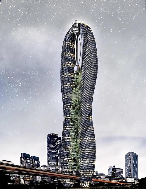 现代螺旋形垂直轴风车与都市建筑融合