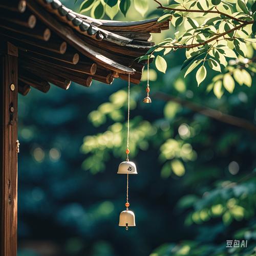 窗前铜风铃随风摆动城市背景虚化