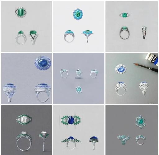 珠宝匠工作台上正在手工雕蜡的戒指半成品，旁边是设计图纸