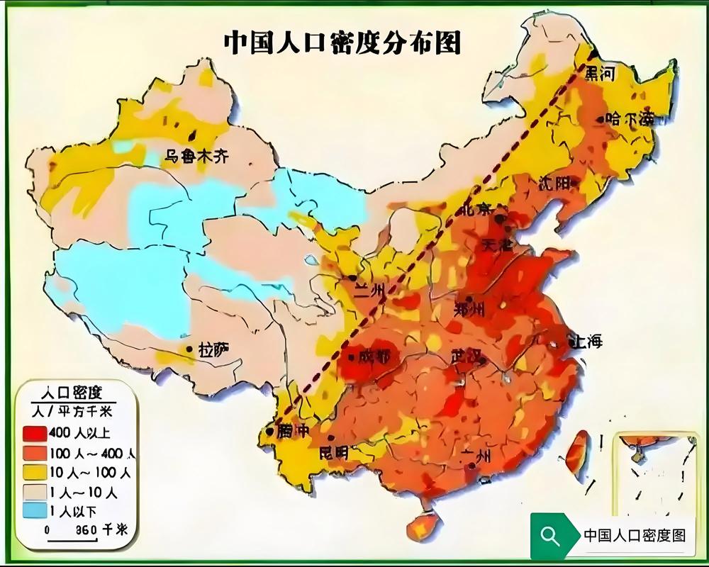 中国城市人口密度分布手绘示意图