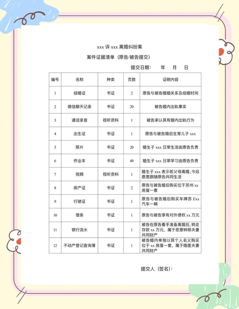 离婚财产证据整理手写清单