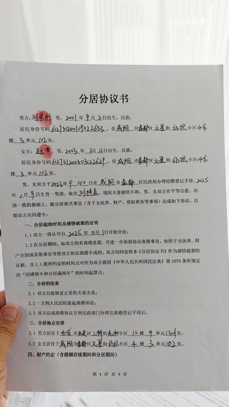 分居协议范本手写签字页特写