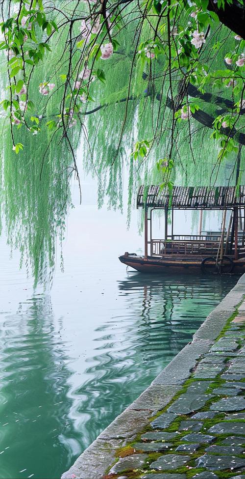 杭州西湖苏堤春柳烟笼水景