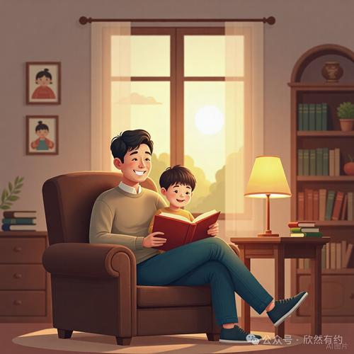 父亲在睡前给孩子读绘本的温馨场景