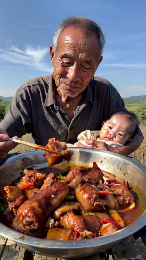 爷爷抱着6个月大的婴儿指着餐桌上的蒸南瓜随口说话实拍