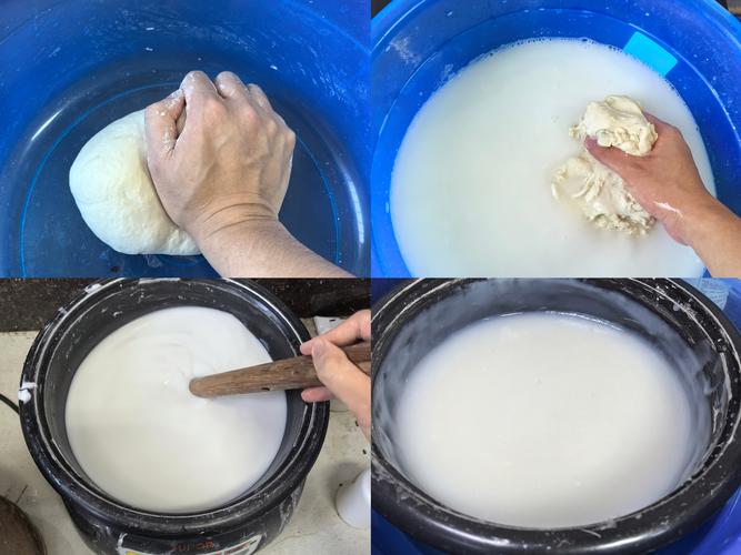 手工熬制浆糊过程特写