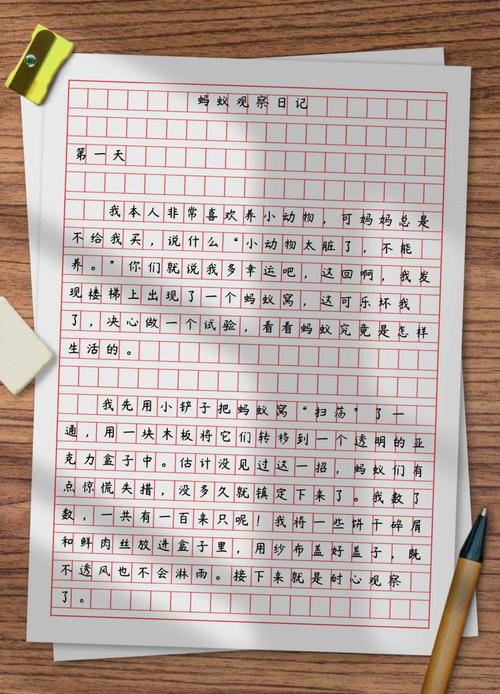 小学生蹲在校园花坛观察蚂蚁做手写记录场景