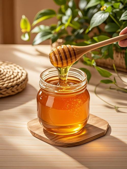玻璃罐装南漳土蜂蜜挖勺特写