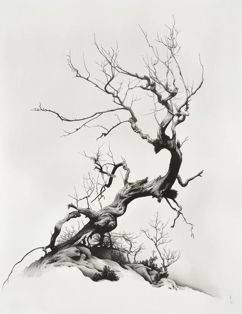 一位画家正在素描纸上描绘复杂树枝的线条