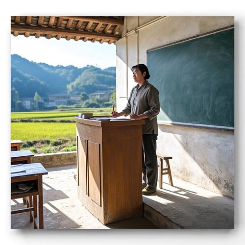 中学教室讲台散落半截粉笔场景
