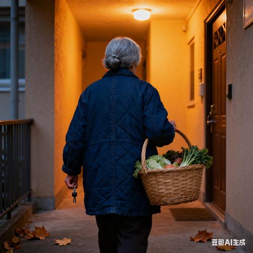 老小区单元门楼下拎菜篮摸钥匙的银发老人