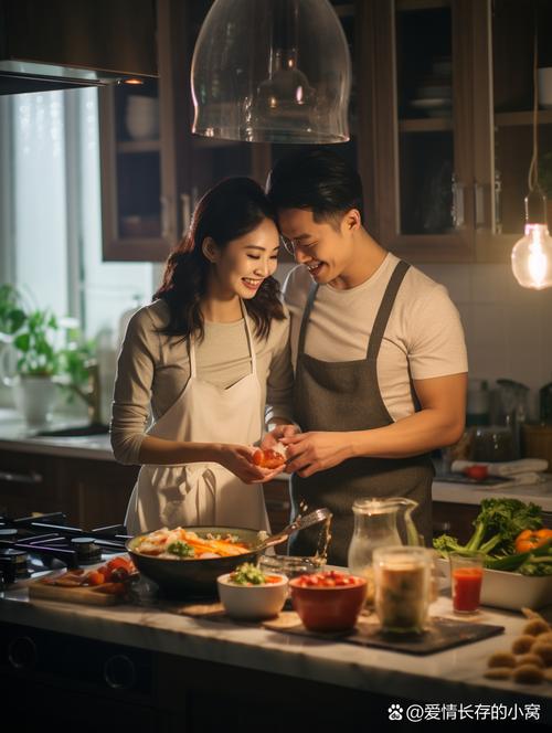 老夫妻在厨房一起做饭背影