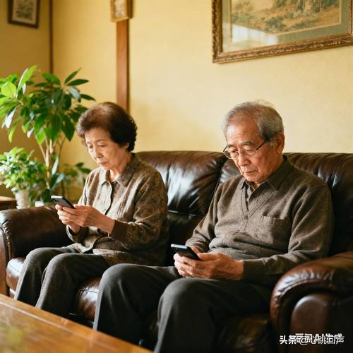 中年夫妻沙发上各玩各的手机背对背