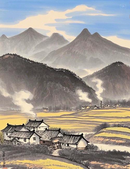 中国水墨画中远山村舍炊烟袅袅的意境