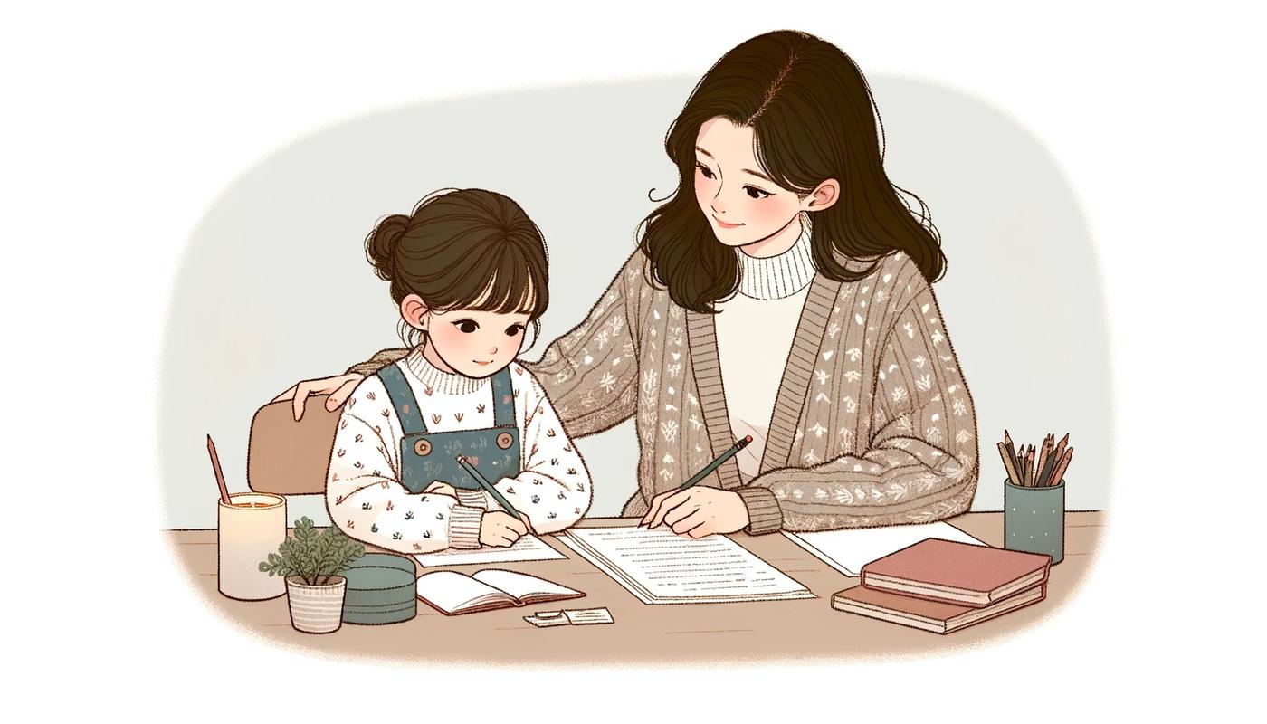 快乐写作业的母女温馨场景插画