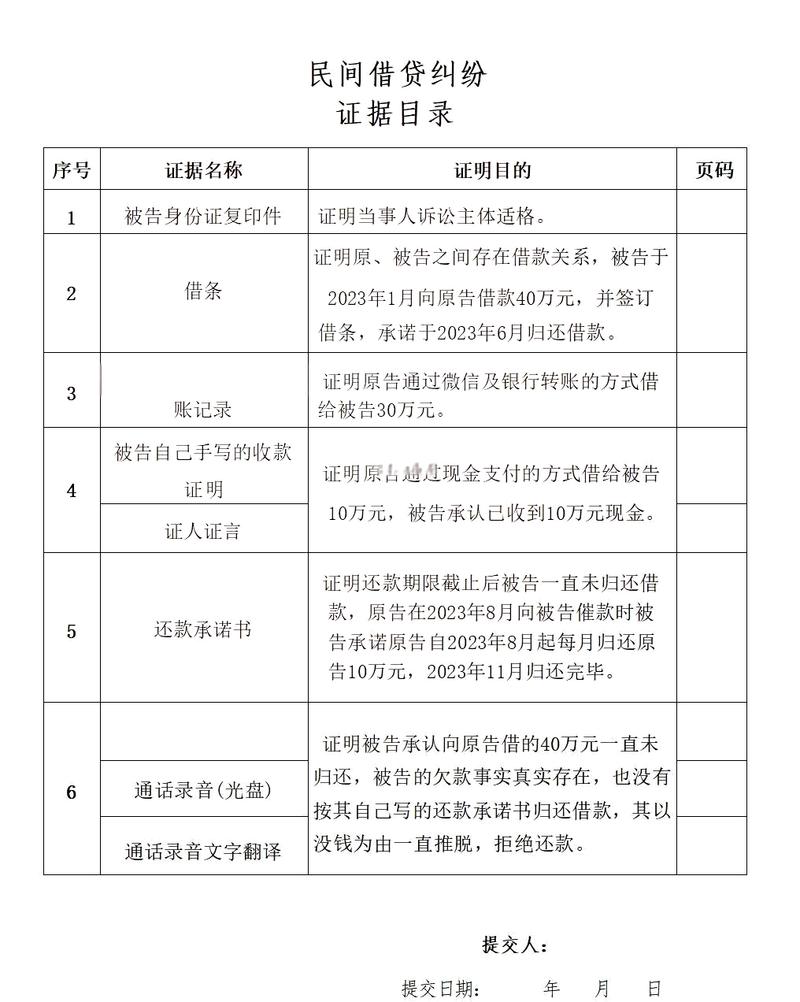 民间借贷欠款证据整理清单