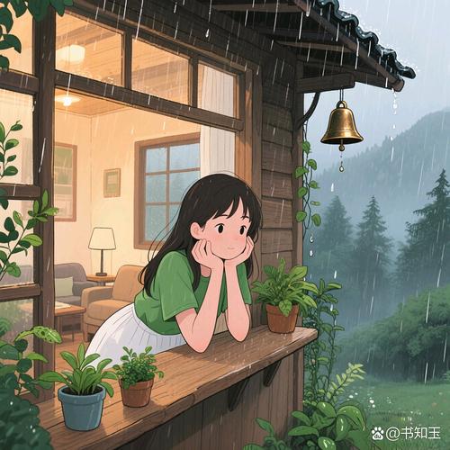 独生子女独自在窗边看雨景的插画