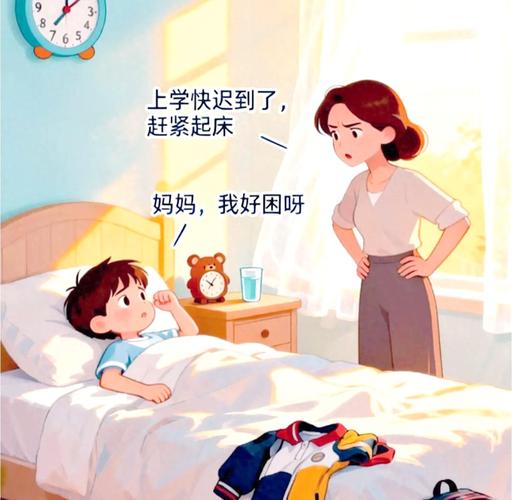 早晨妈妈温柔叫醒孩子起床场景图