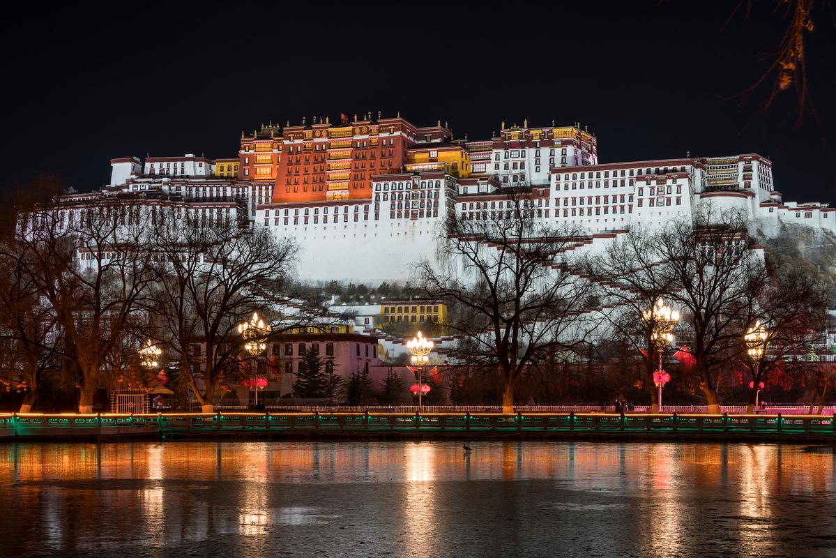 拉萨布达拉宫广场傍晚喷泉夜景
