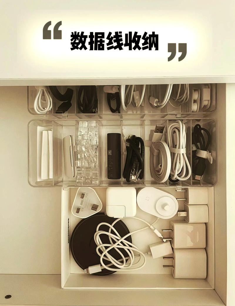 桌面上整理好的线材规整收纳包摆放图