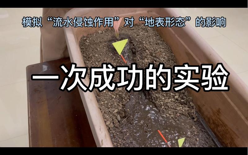 儿童用喷壶在沙堆上模拟流水侵蚀地貌实验
