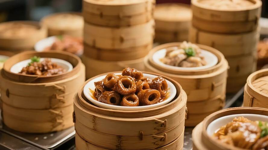 广东早茶蒸笼堆叠特写