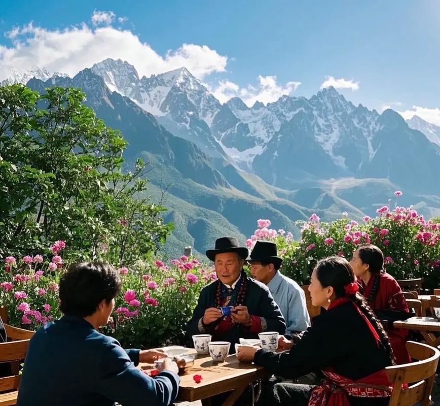 中国云南省玉龙雪山脚下民俗茶会场景