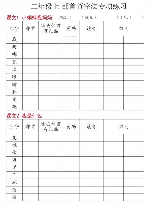 小学二年级语文课本部首查字法练习页
