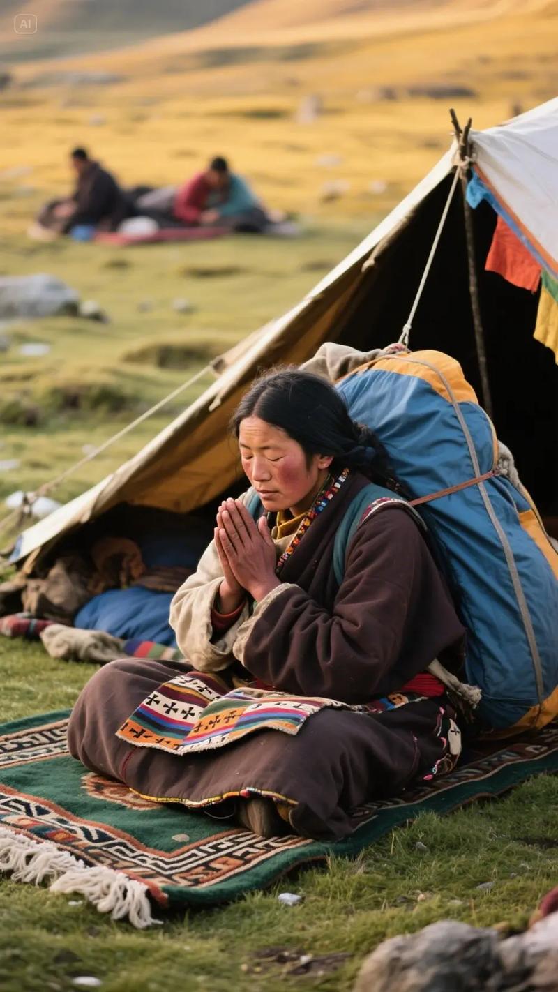 藏族阿妈用背带背着孩子在帐篷前