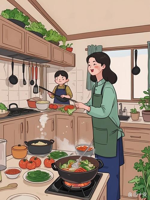 家长和幼儿厨房日常聊天场景图