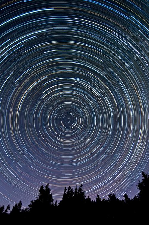 长曝光拍摄的星轨环绕北极星照片