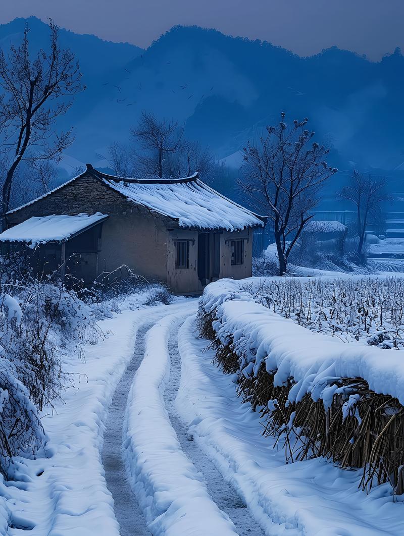 高原冬季民居留缝开窗雪景