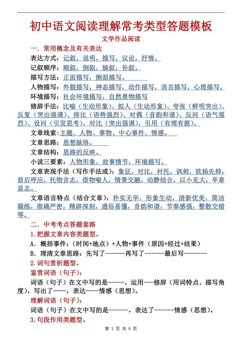 书桌摊开的初中语文思想文化答题模板笔记本