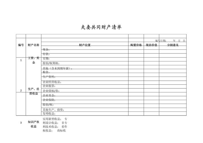 婚内家庭共同财产整理清单表格