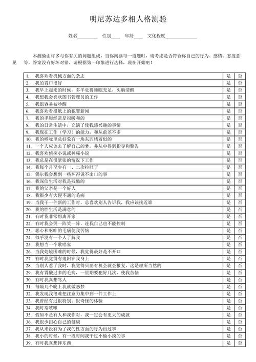 专业的明尼苏达多项人格测验问卷样本