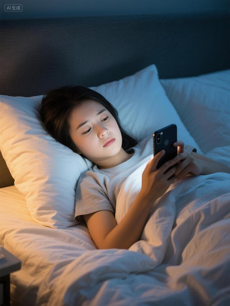 慢性失眠者躺在床上刷手机场景图