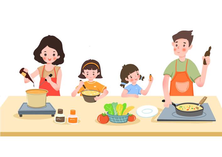 家庭成员一起做饭温馨场景图