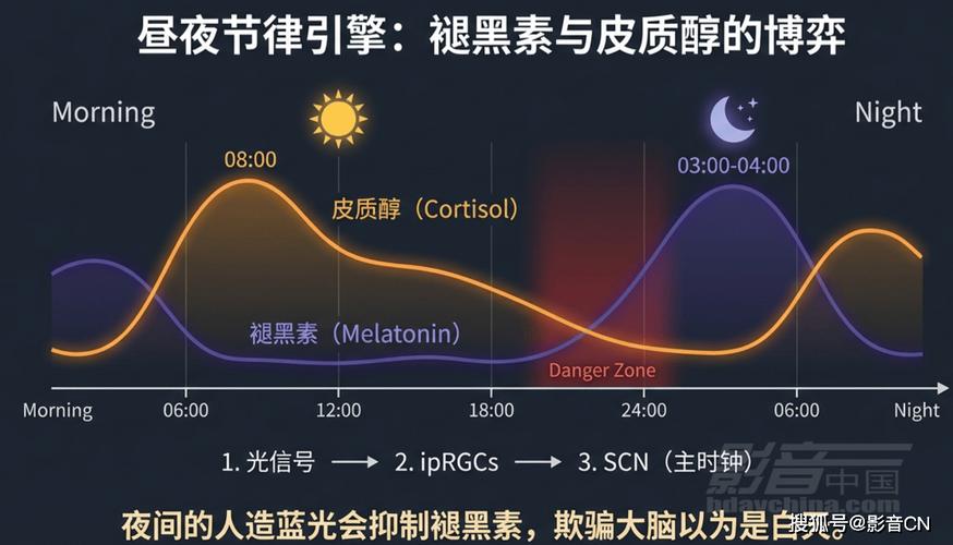 晚间灯光对褪黑素分泌影响示意图