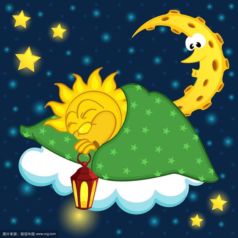儿童手绘太阳躲在山后睡觉插画
