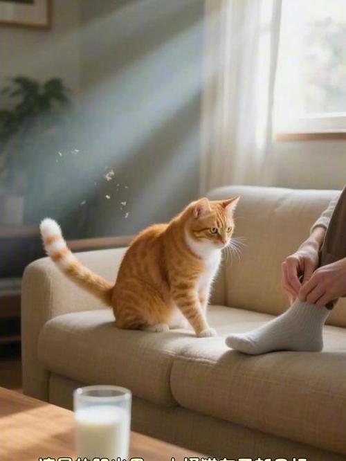 橘猫叼着主人袜子躲在沙发底