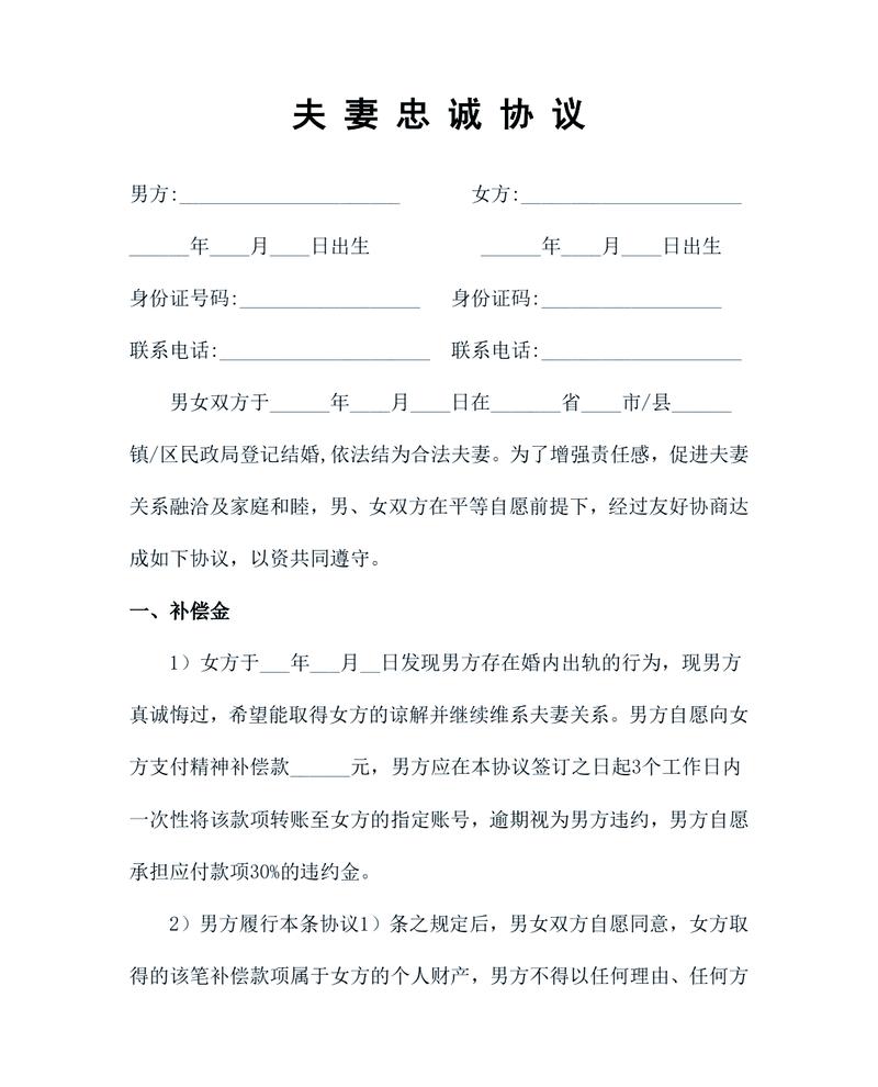 律师修改后的夫妻忠诚协议样本实拍
