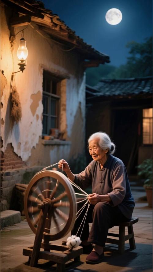 乡村老奶奶纺车纺线怀旧摄影