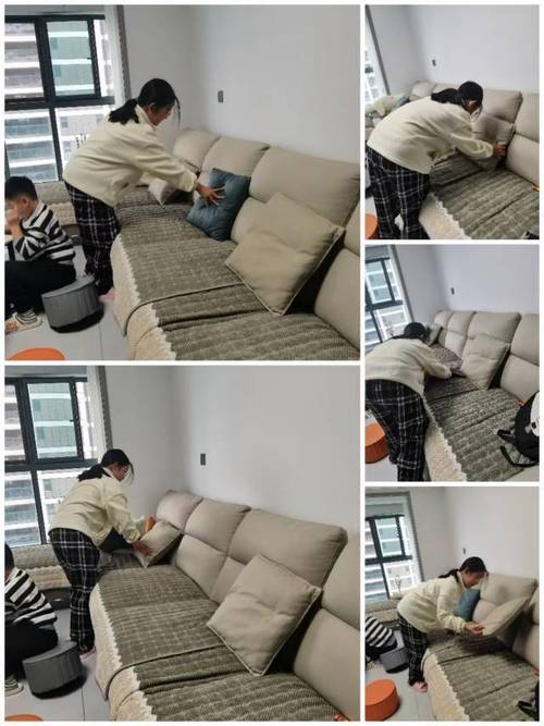 客厅沙发夫妻一起整理家务休闲场景