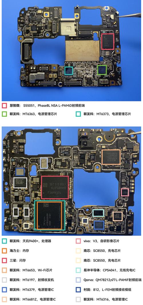 智能手机主板上多颗功能芯片排布实拍图