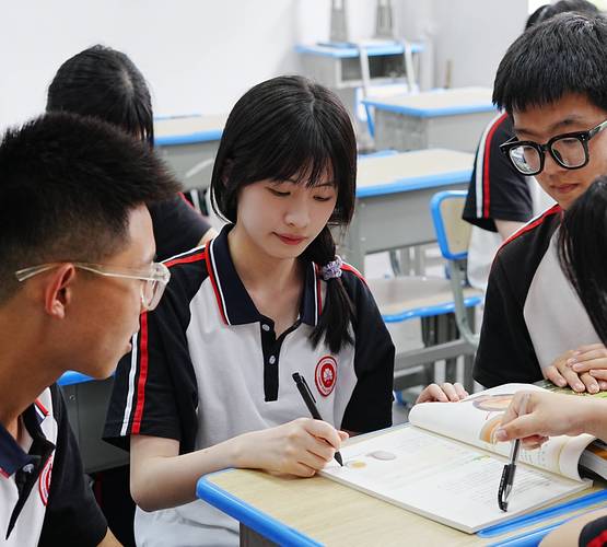 高中学生在校园里讨论升学选择