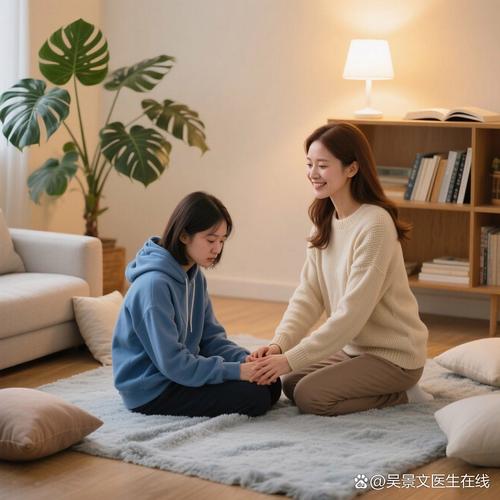 妈妈蹲着与孩子平视对话的温馨照片